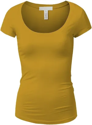 Active Basic Womens Plain Basic Deep Scoop Neck with Cap Short Sleeves