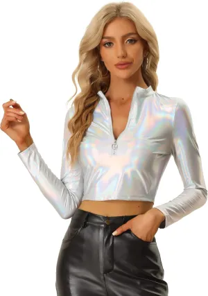 Allegra K Metallic Crop Top for Women's Mock Neck Long Sleeve Zip Up Party Shiny Tops