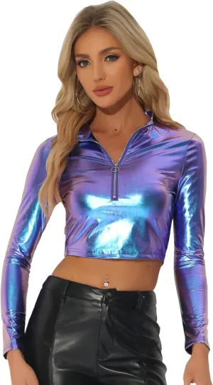 Allegra K Metallic Crop Top for Women's Mock Neck Long Sleeve Zip Up Party Shiny Tops