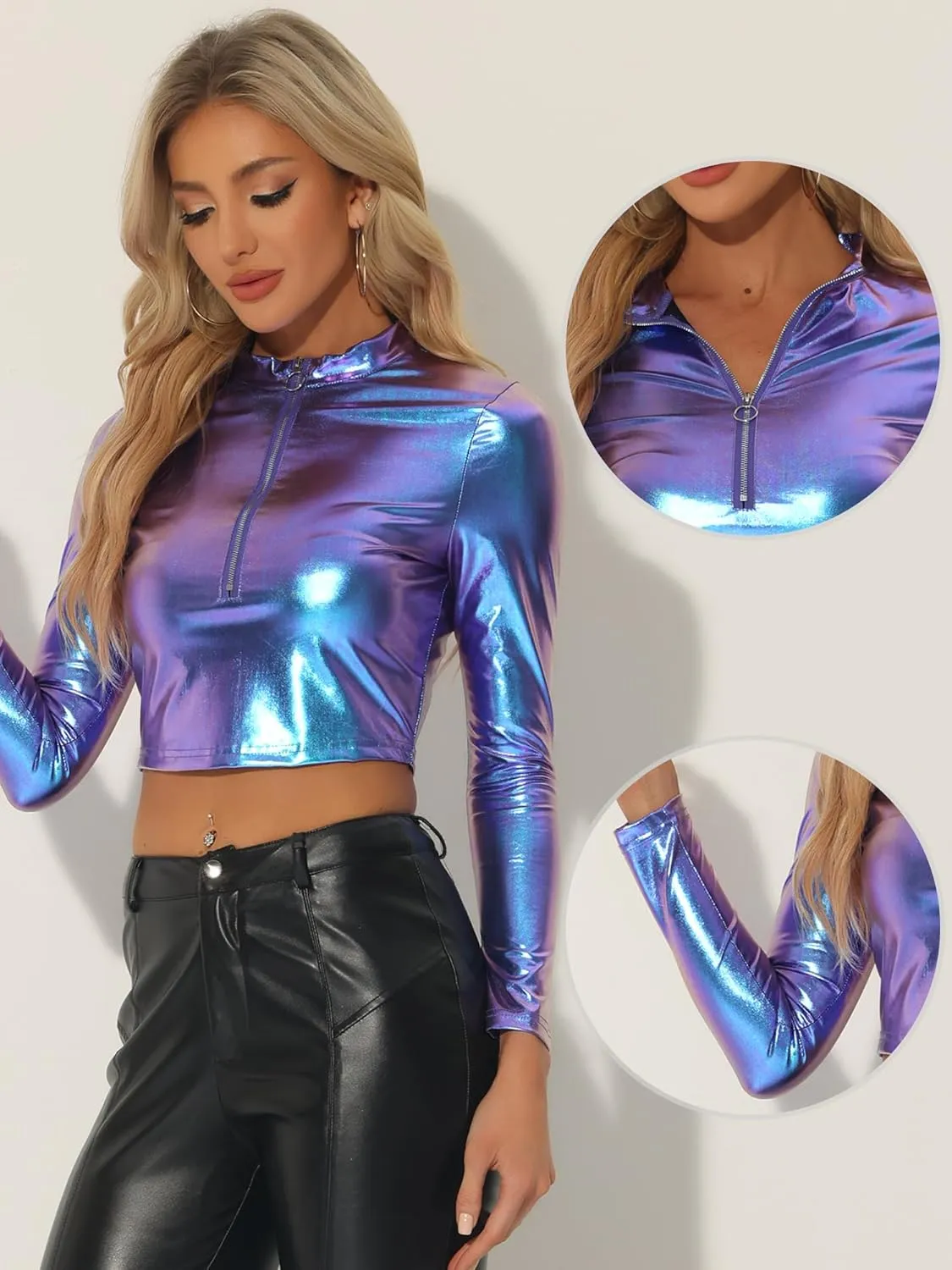 Allegra K Metallic Crop Top for Women's Mock Neck Long Sleeve Zip Up Party Shiny Tops