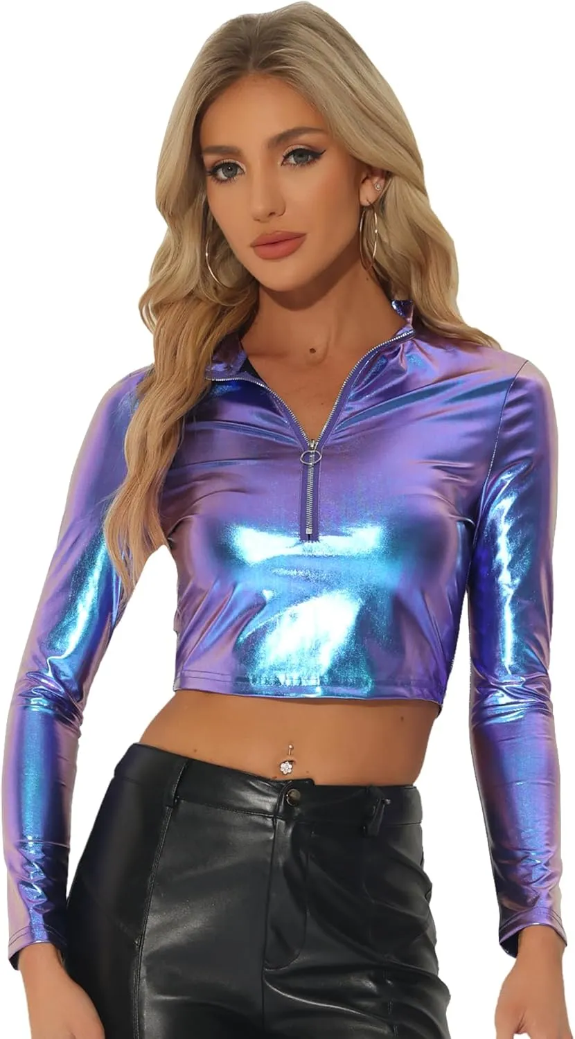 Allegra K Metallic Crop Top for Women's Mock Neck Long Sleeve Zip Up Party Shiny Tops