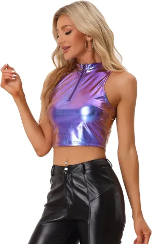 Allegra K Metallic Crop Tops for Women's Mock Neck Zip Up Sleeveless Shiny Holographic Tank Top