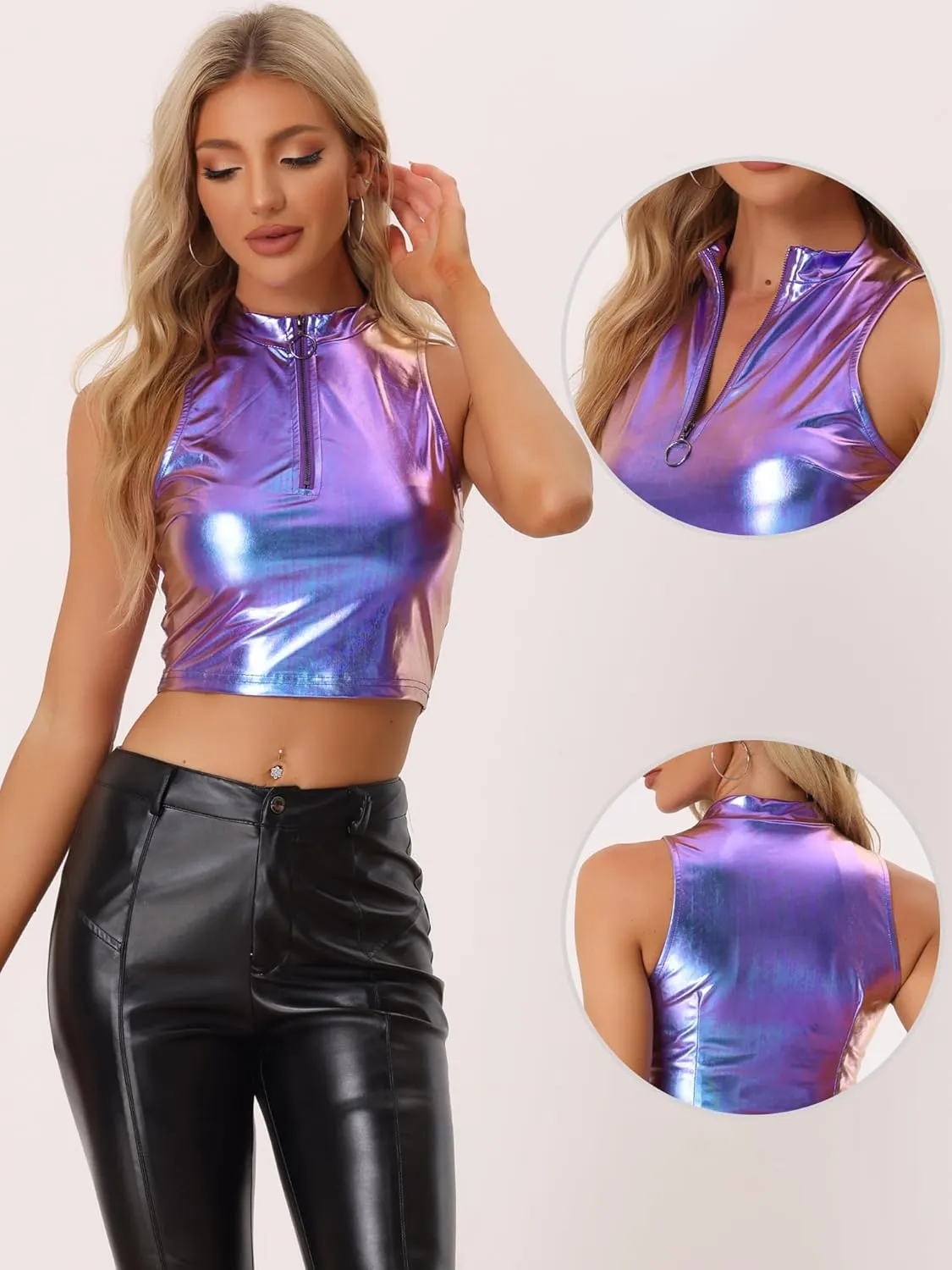 Allegra K Metallic Crop Tops for Women's Mock Neck Zip Up Sleeveless Shiny Holographic Tank Top