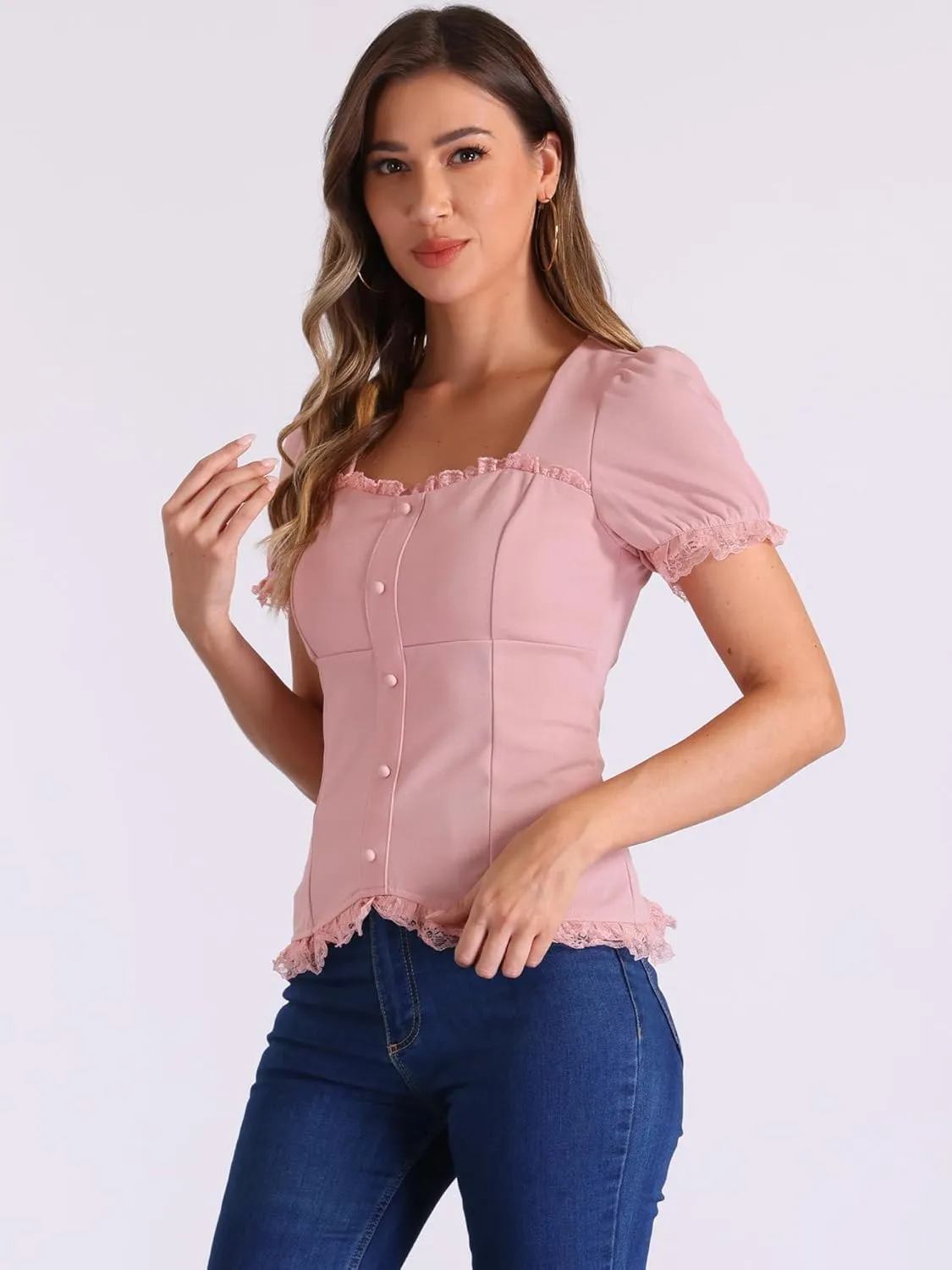 Allegra K Victorian Shirt for Women's Sweetheart Neck Puff Sleeve Halloween Lace Up Gothic Blouse