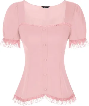 Allegra K Victorian Shirt for Women's Sweetheart Neck Puff Sleeve Halloween Lace Up Gothic Blouse