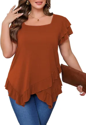 Beauhuty Womens Plus Size Shirts Square Neck Tops Ruffled Hem Tunic Casual Flowy Dressy Blouses Ruffle Short Sleeves Summer