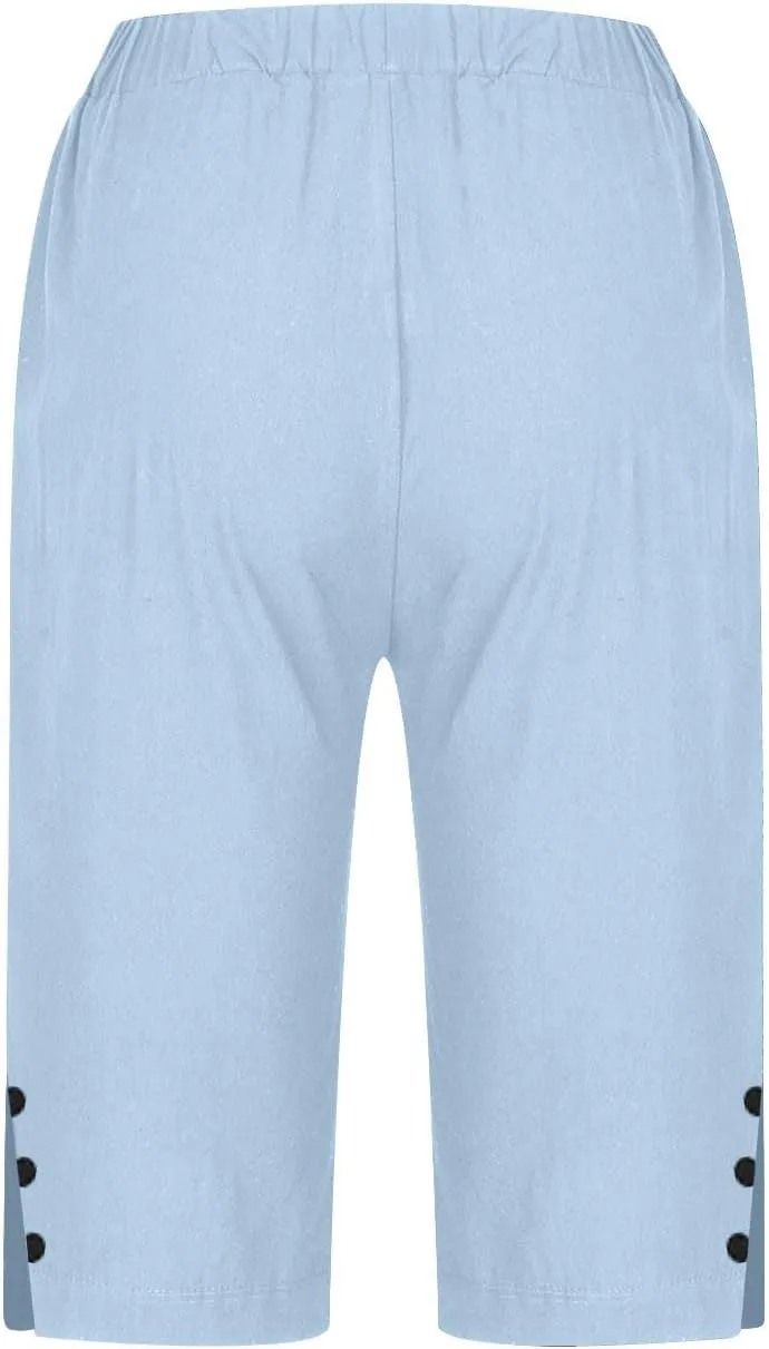 Bermuda Shorts for Women,Knee Length Linen Capri Pants High Waisted Comfy Casual Plus Size Capris 2025