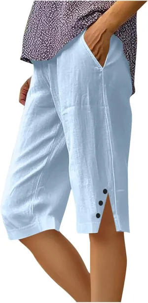 Bermuda Shorts for Women,Knee Length Linen Capri Pants High Waisted Comfy Casual Plus Size Capris 2025