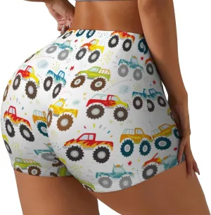 Cartoon Monster Trucks Print Women's Workout Shorts,Athletic Shorts for Running,Yoga,Gym
