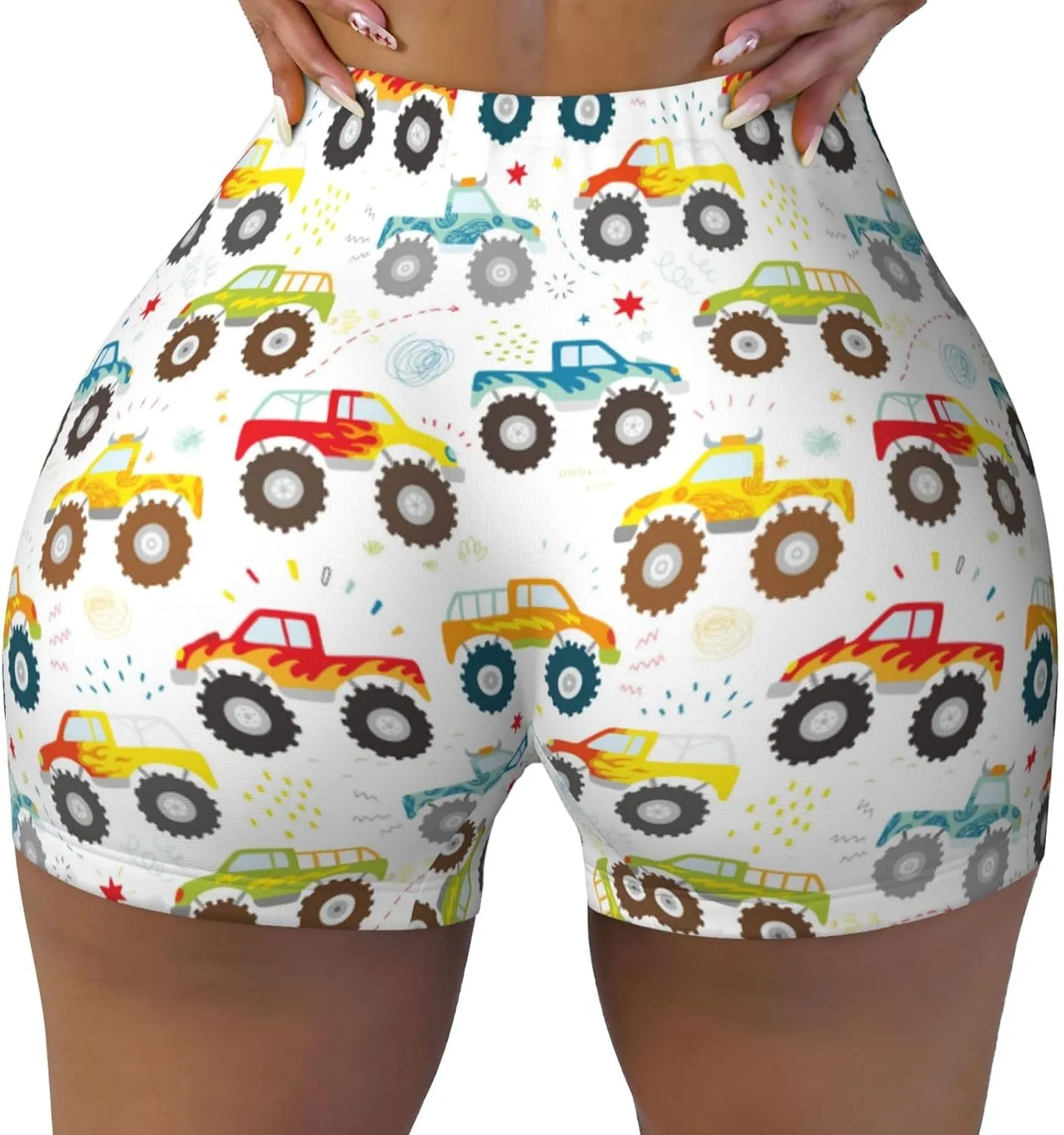 Cartoon Monster Trucks Print Women's Workout Shorts,Athletic Shorts for Running,Yoga,Gym
