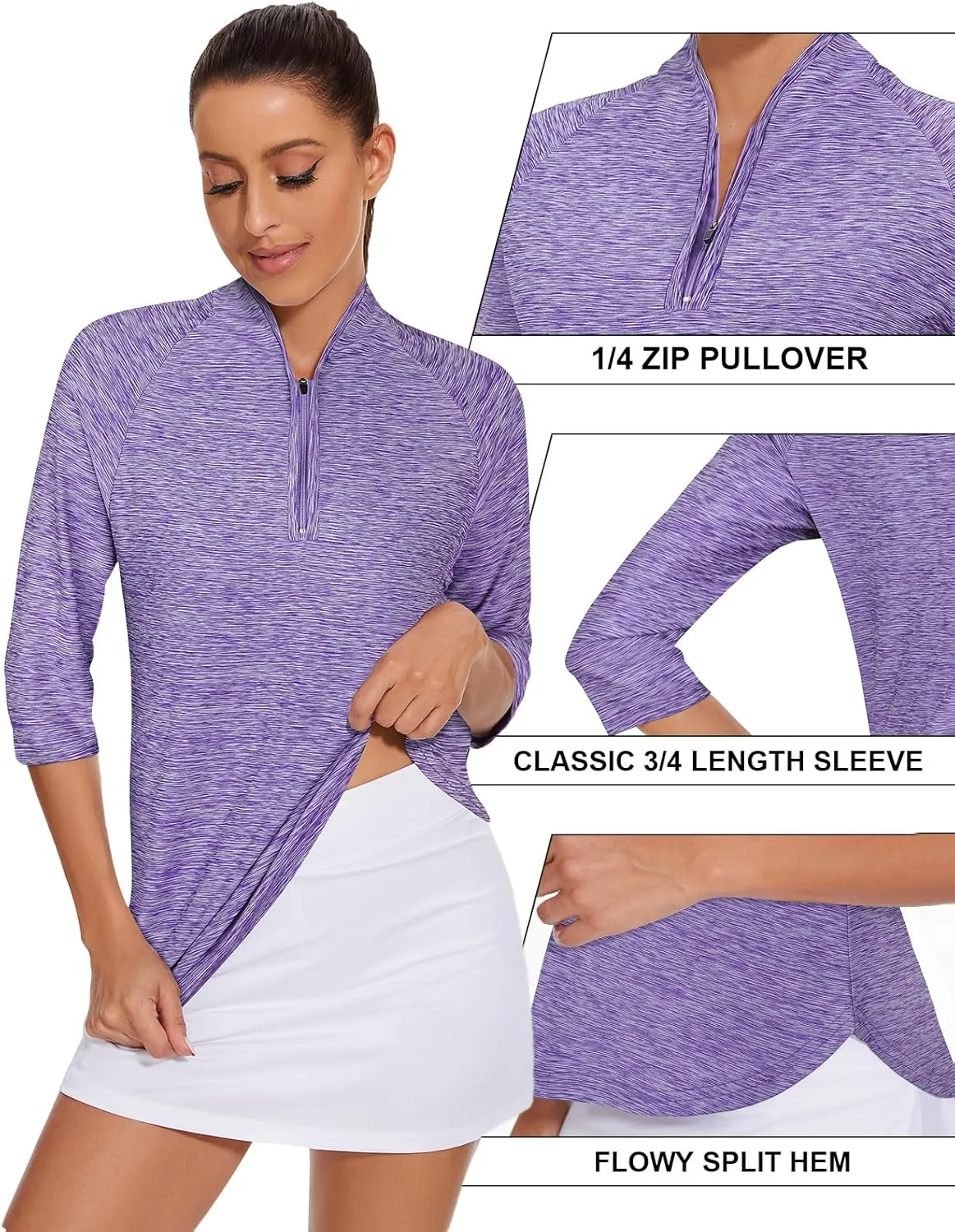 Cucuchy Womens Golf Shirt Quick Dry 3/4 Sleeve Quarter Zip Polo Workout Tops Tennis Shirts S-XXL