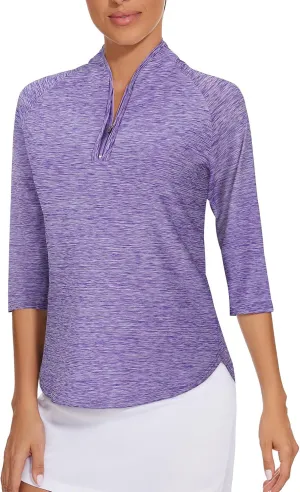 Cucuchy Womens Golf Shirt Quick Dry 3/4 Sleeve Quarter Zip Polo Workout Tops Tennis Shirts S-XXL