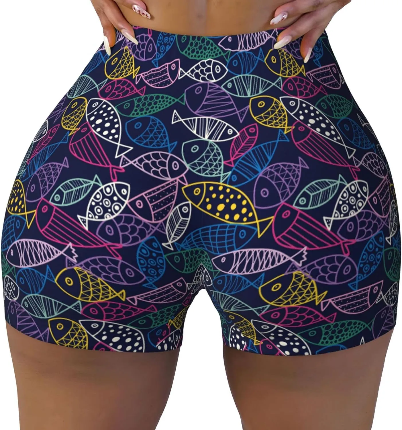 Cute Line Fish Print Women's Workout Shorts,Athletic Shorts for Running,Yoga,Gym