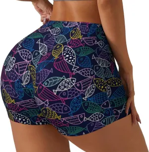 Cute Line Fish Print Women's Workout Shorts,Athletic Shorts for Running,Yoga,Gym