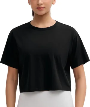 Dragon Fit Loose Workout Crop Tops for Women Summer Cotton Short Sleeve Shirts Basic Crewneck Gym Athletic T-Shirts