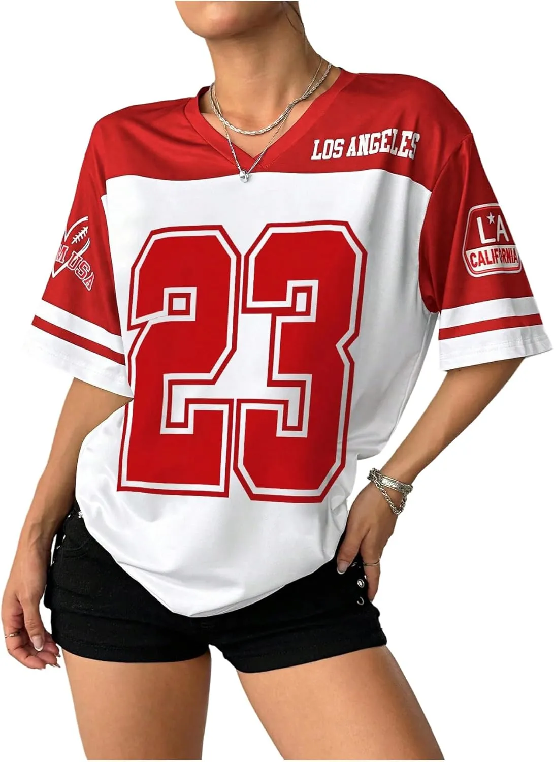 Floerns Women's Camo Print Team Sports T Shirts V Neck Basketball Jersey Tee Shirts
