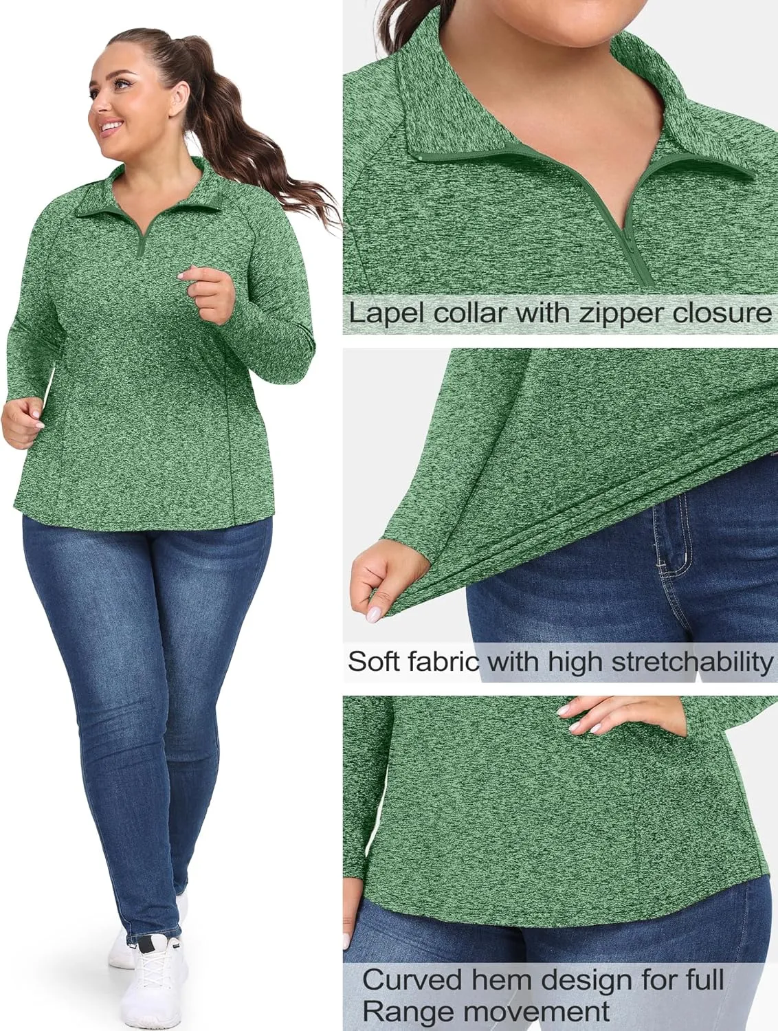 FOREYOND Womens Plus Size Workout Tops Long Sleeve Quarter Zip Pullover Althetic Shirts Moisture Wicking Hiking Clothes