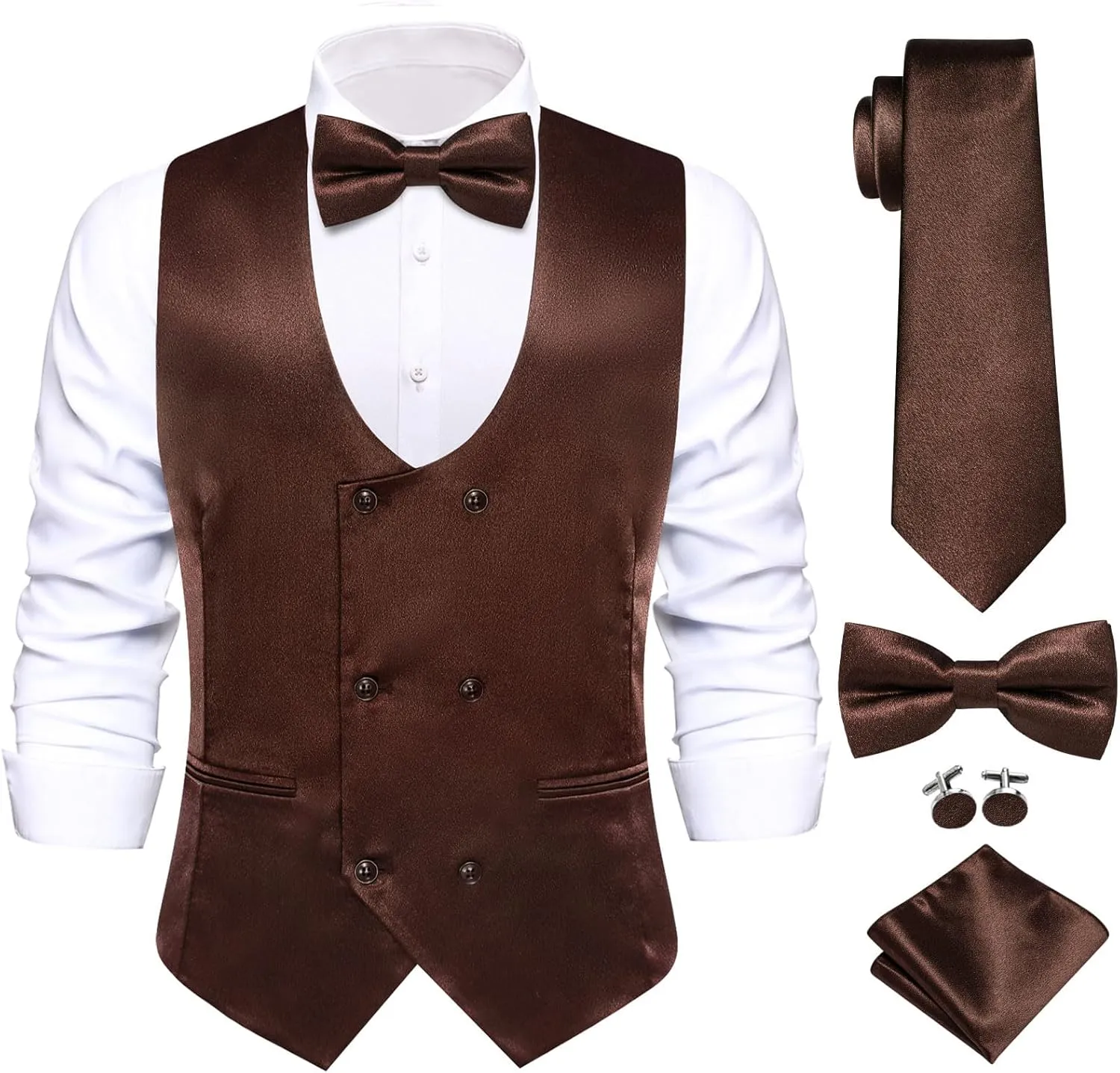 Hi-Tie Mens Silk Double-Breasted Suit Vest Tie Pretied Bowtie and Pocket Square Cufflinks Slim Fit Wedding or Business Tuxedo