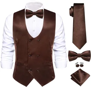 Hi-Tie Mens Silk Double-Breasted Suit Vest Tie Pretied Bowtie and Pocket Square Cufflinks Slim Fit Wedding or Business Tuxedo