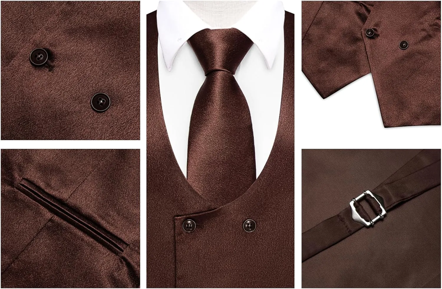 Hi-Tie Mens Silk Double-Breasted Suit Vest Tie Pretied Bowtie and Pocket Square Cufflinks Slim Fit Wedding or Business Tuxedo