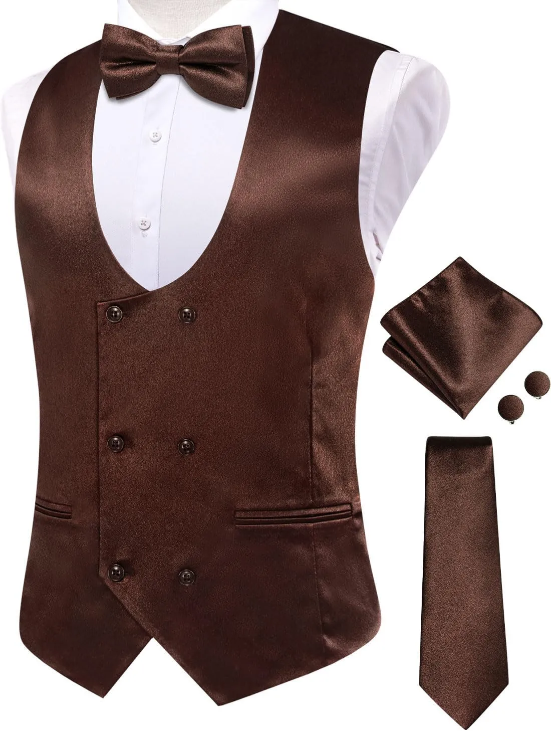 Hi-Tie Mens Silk Double-Breasted Suit Vest Tie Pretied Bowtie and Pocket Square Cufflinks Slim Fit Wedding or Business Tuxedo