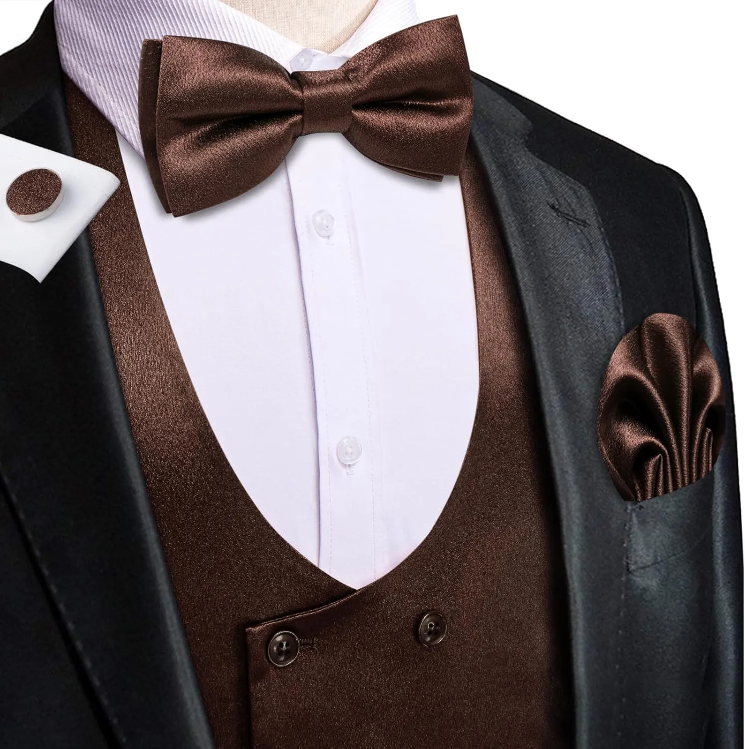 Hi-Tie Mens Silk Double-Breasted Suit Vest Tie Pretied Bowtie and Pocket Square Cufflinks Slim Fit Wedding or Business Tuxedo