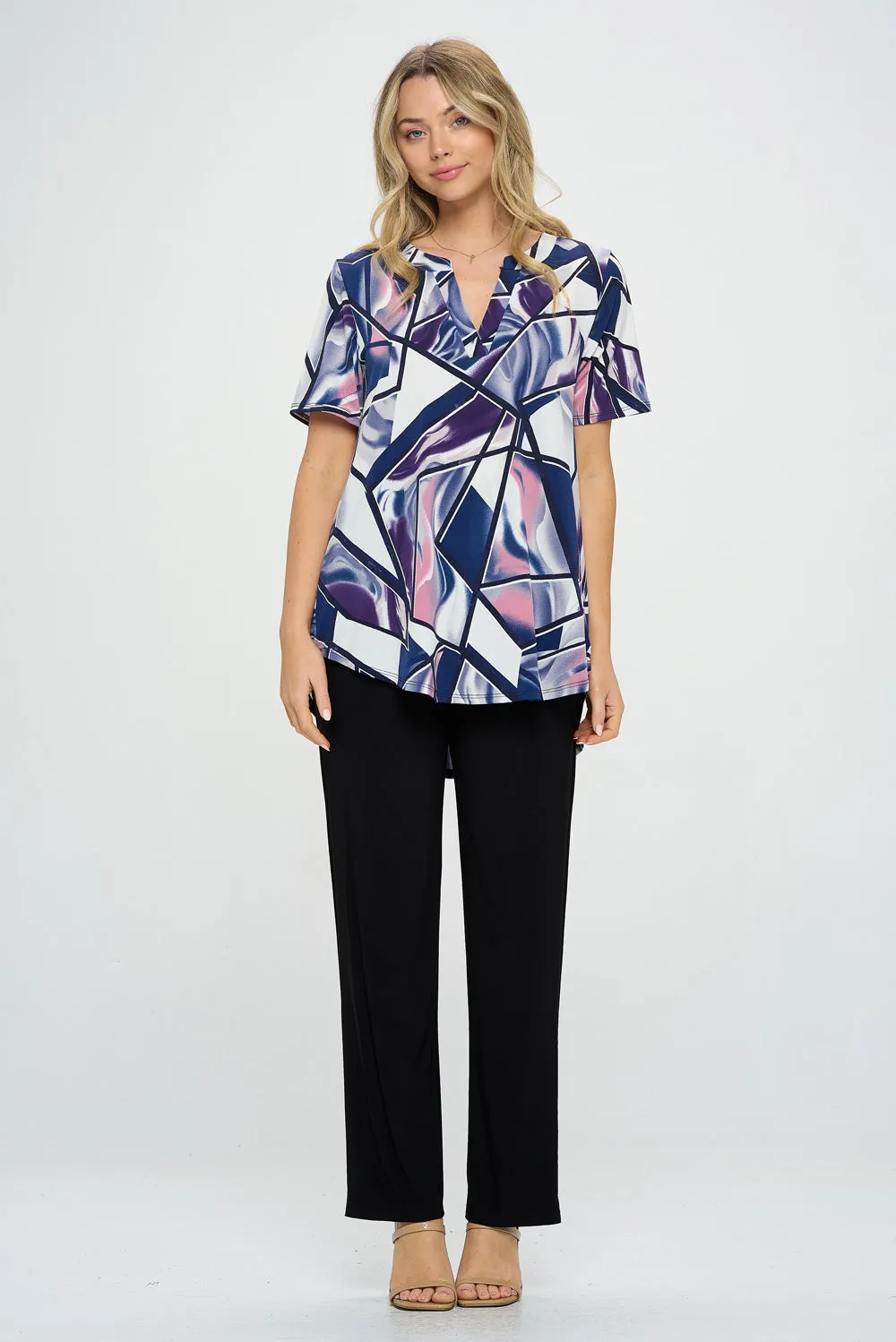 HIT Notch Neck Rolled Sleeve Top-3059HT-SRP1-W357