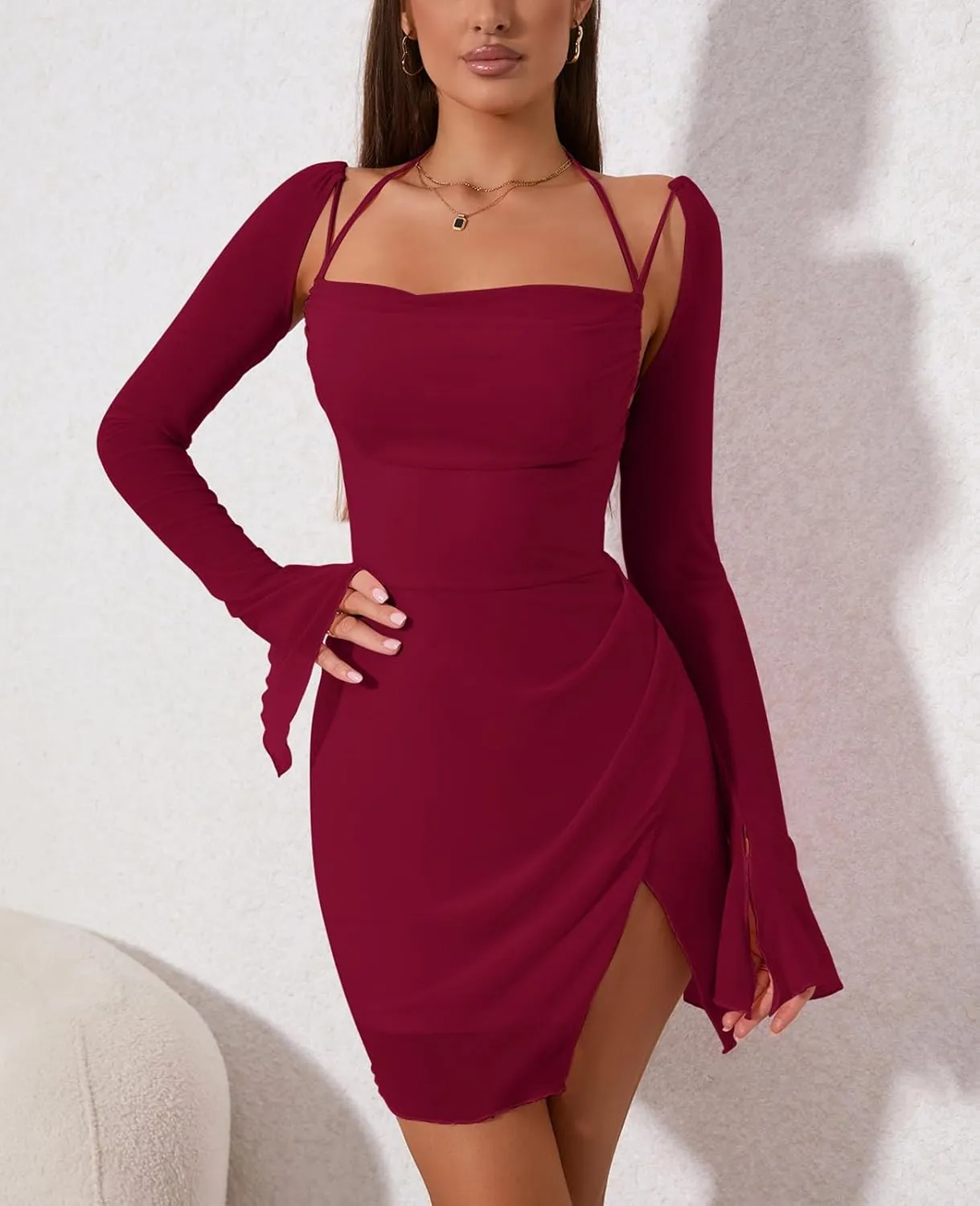 HTZMO Sexy Women's Halter Flounce Sleeves Ruched Mini Dress Sheer Mesh Side Split Cute Party Short Dresses