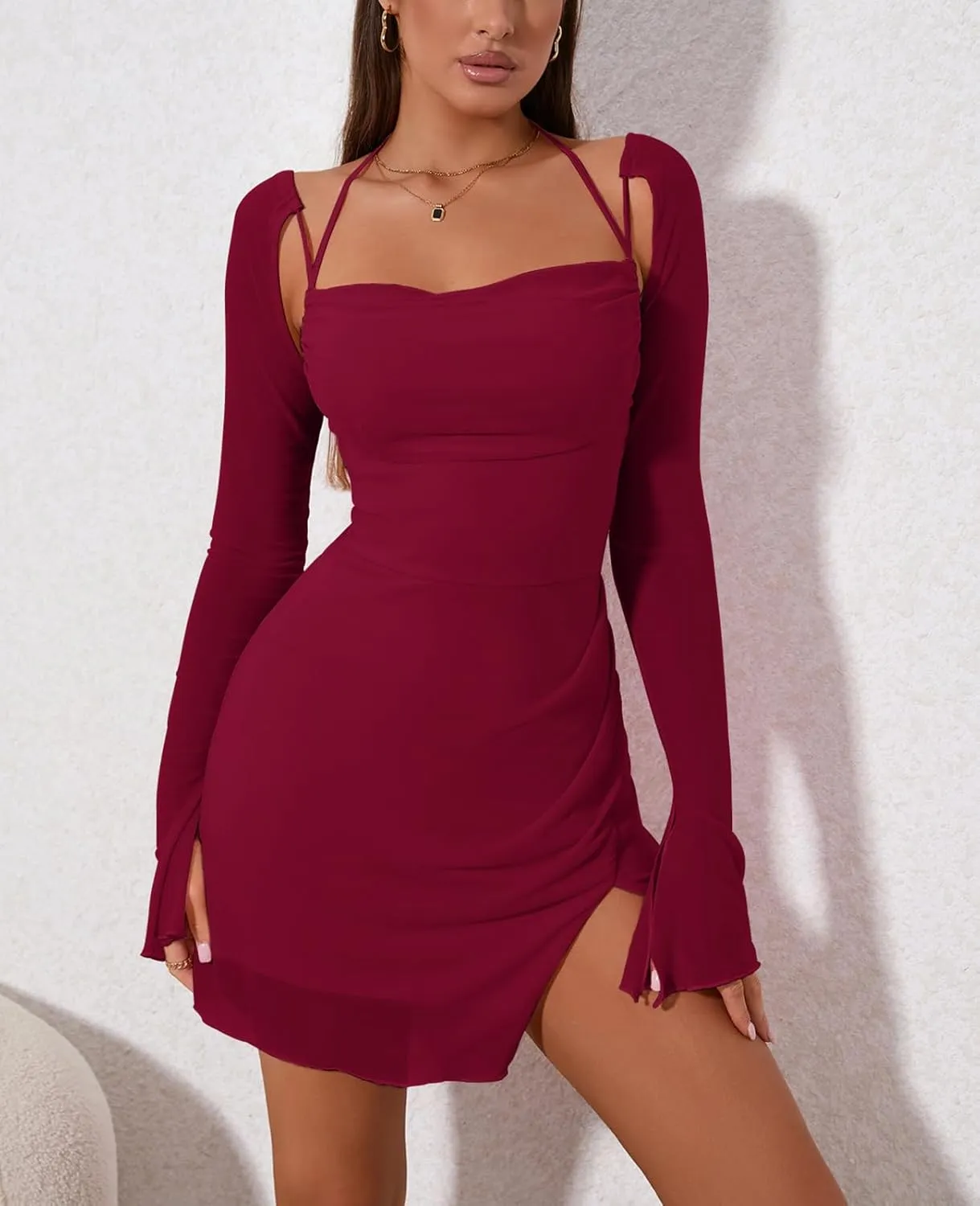 HTZMO Sexy Women's Halter Flounce Sleeves Ruched Mini Dress Sheer Mesh Side Split Cute Party Short Dresses