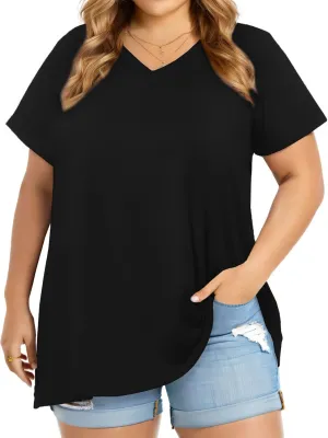 JOELLYUS Plus Size Tops for Women Summer Top Loose Fit Tee Shirts V Neck Short Sleeve Blouse