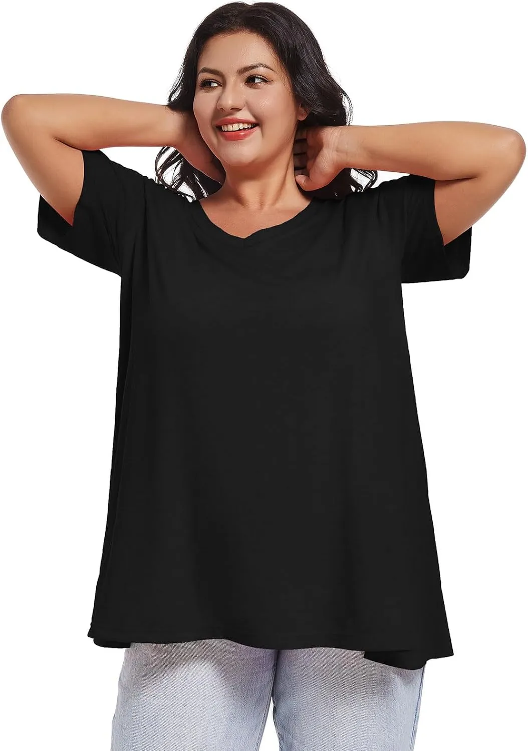 JOELLYUS Plus Size Tops for Women Summer Top Loose Fit Tee Shirts V Neck Short Sleeve Blouse