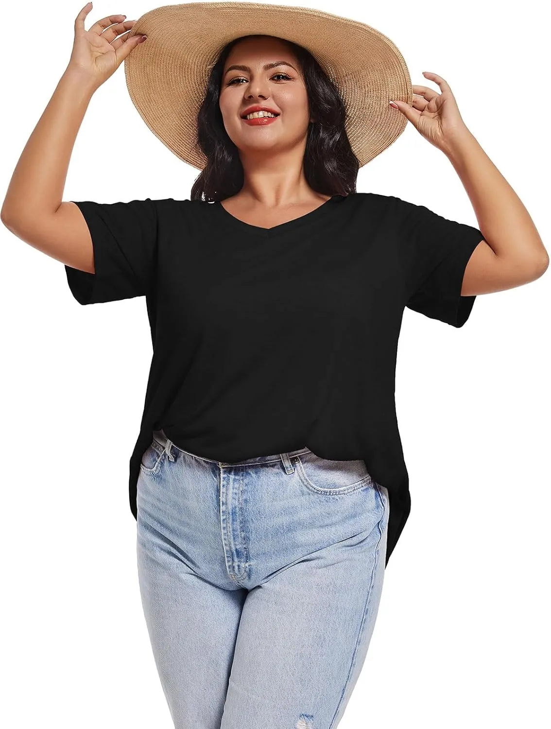 JOELLYUS Plus Size Tops for Women Summer Top Loose Fit Tee Shirts V Neck Short Sleeve Blouse