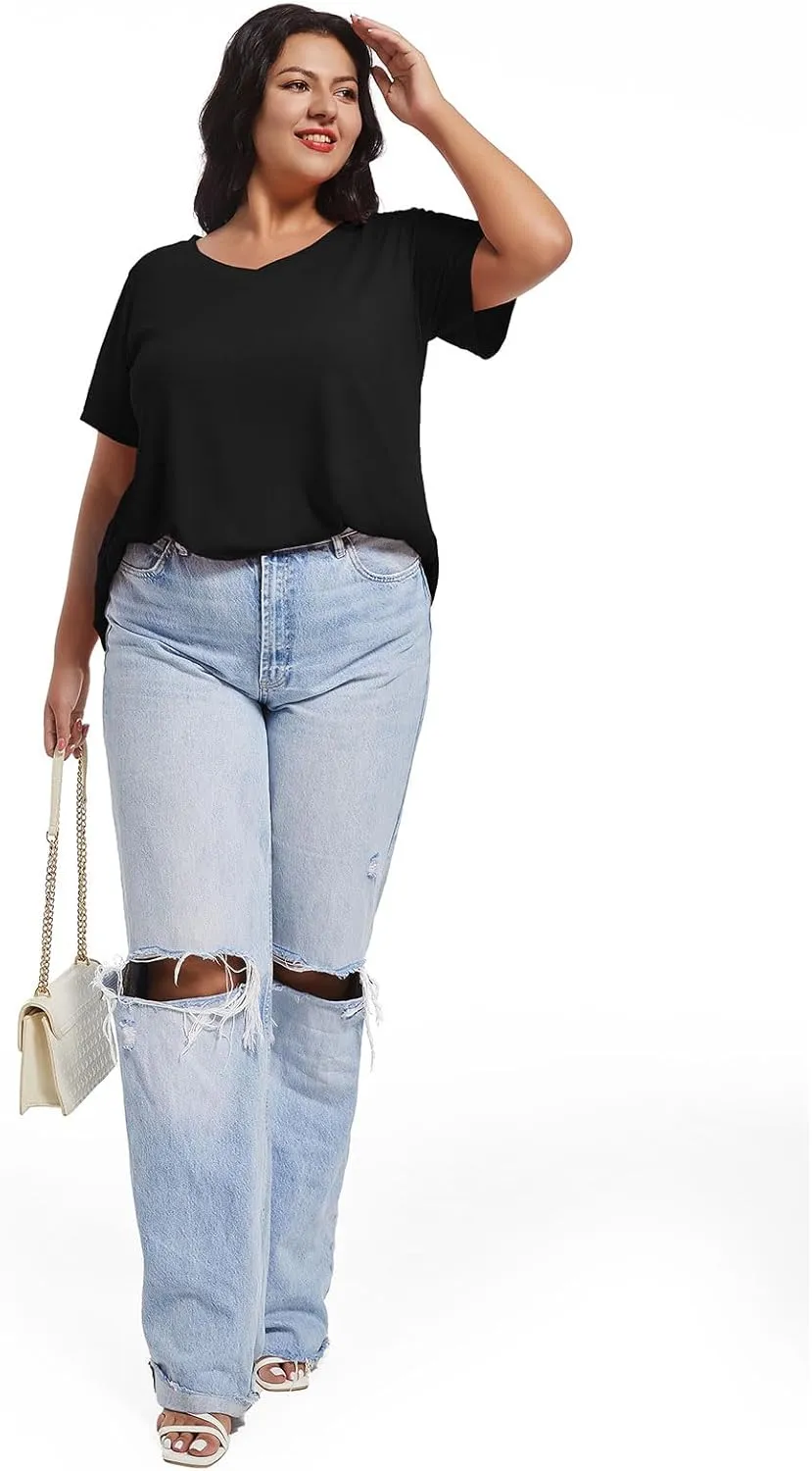 JOELLYUS Plus Size Tops for Women Summer Top Loose Fit Tee Shirts V Neck Short Sleeve Blouse