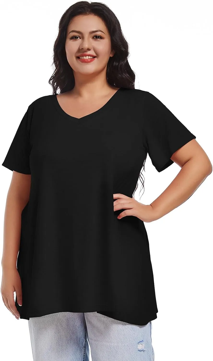 JOELLYUS Plus Size Tops for Women Summer Top Loose Fit Tee Shirts V Neck Short Sleeve Blouse
