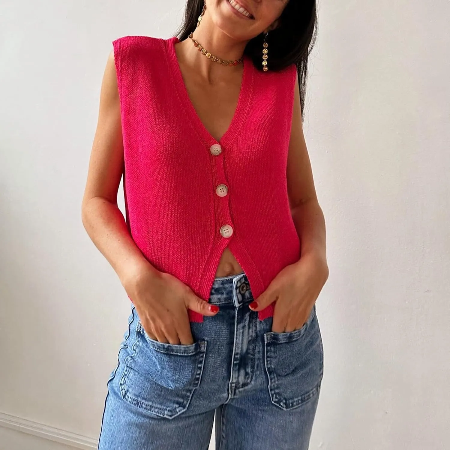Knit Sweater Vest for Women V Neck Button Down Sleeveless Crop Knit Cardigan Open Front Sweater Vest Going Out Top