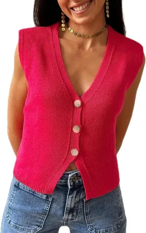 Knit Sweater Vest for Women V Neck Button Down Sleeveless Crop Knit Cardigan Open Front Sweater Vest Going Out Top