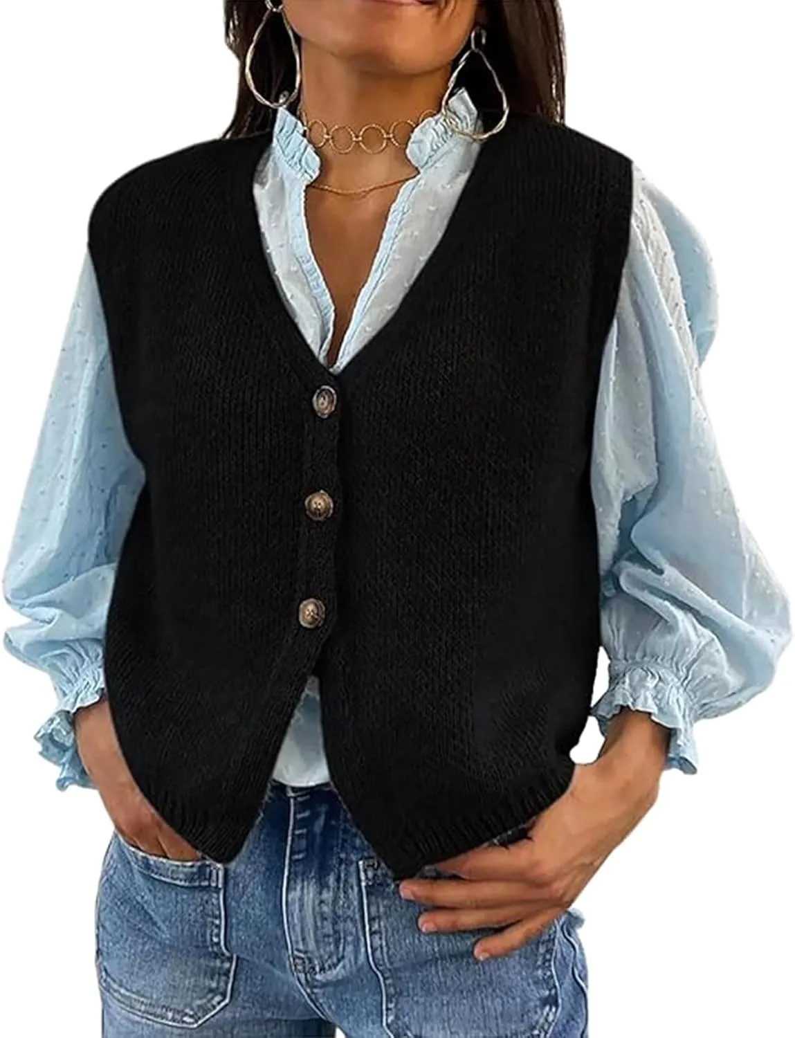 Knit Sweater Vest for Women V Neck Button Down Sleeveless Crop Knit Cardigan Open Front Sweater Vest Going Out Top