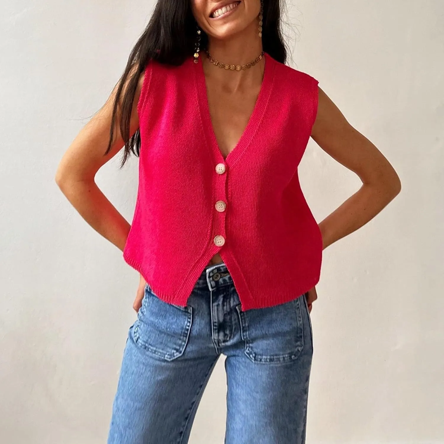 Knit Sweater Vest for Women V Neck Button Down Sleeveless Crop Knit Cardigan Open Front Sweater Vest Going Out Top