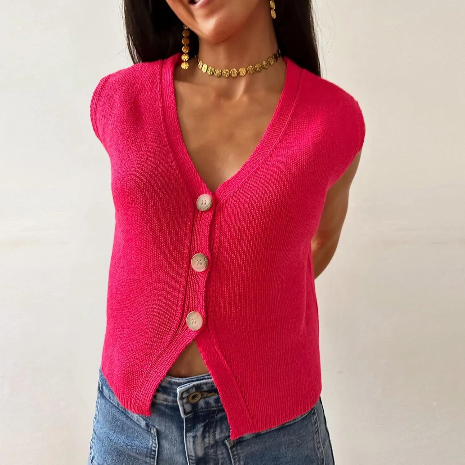 Knit Sweater Vest for Women V Neck Button Down Sleeveless Crop Knit Cardigan Open Front Sweater Vest Going Out Top