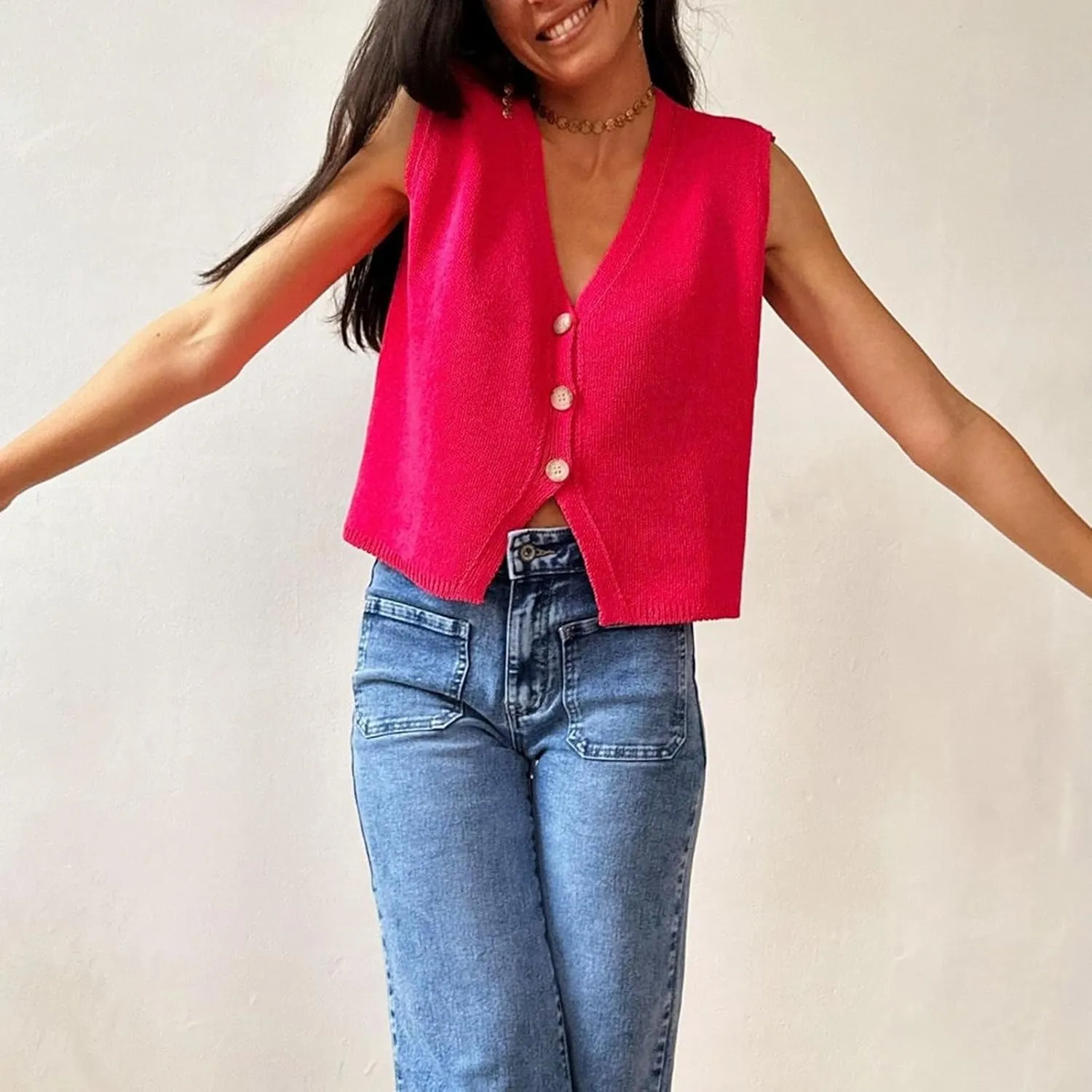 Knit Sweater Vest for Women V Neck Button Down Sleeveless Crop Knit Cardigan Open Front Sweater Vest Going Out Top