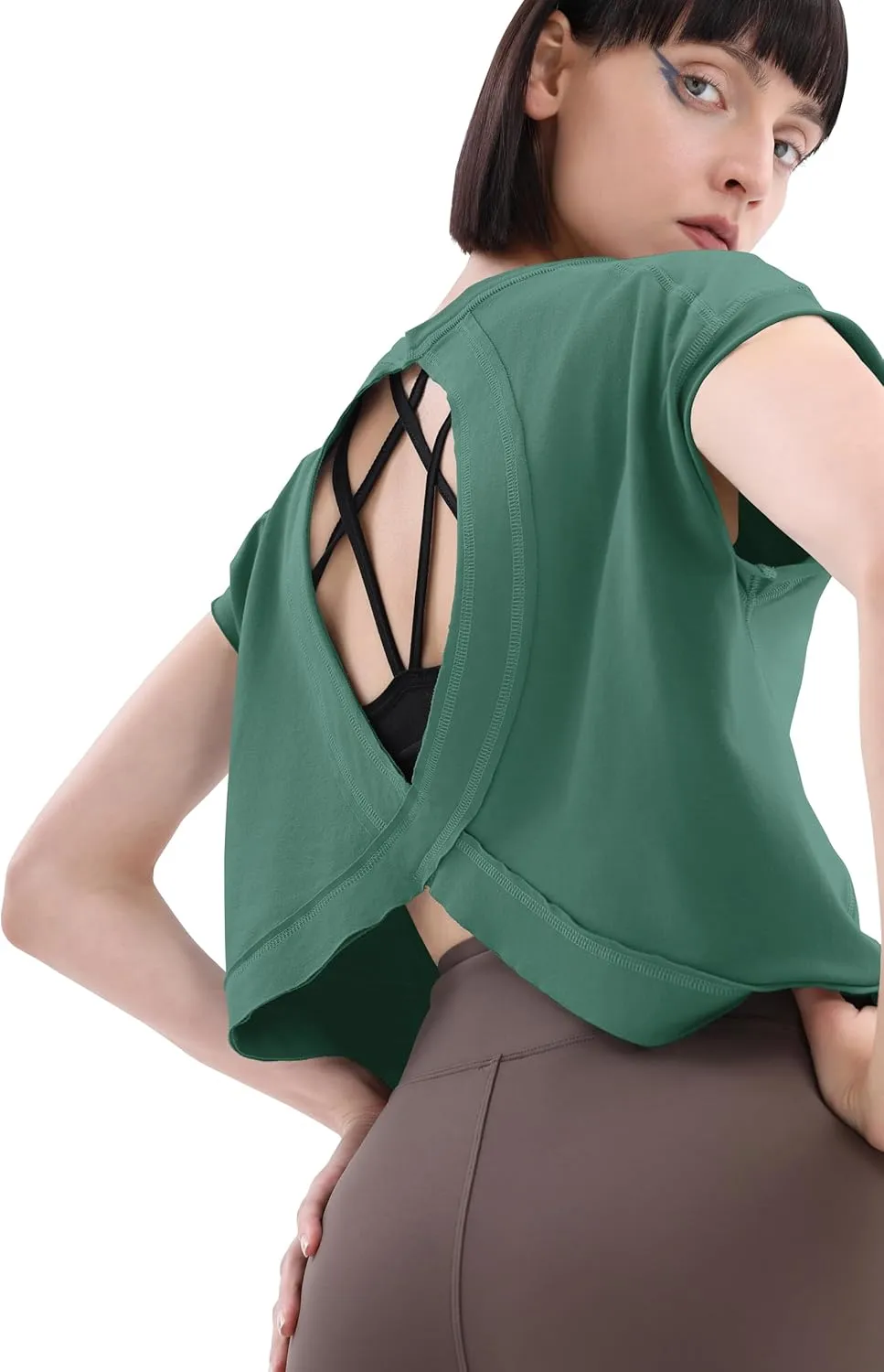 Loovoo Women's Open Back Workout Crop Tops Short Sleeve Yoga Shirts Cute Athletic Running Casual Backless Top Loose Fit