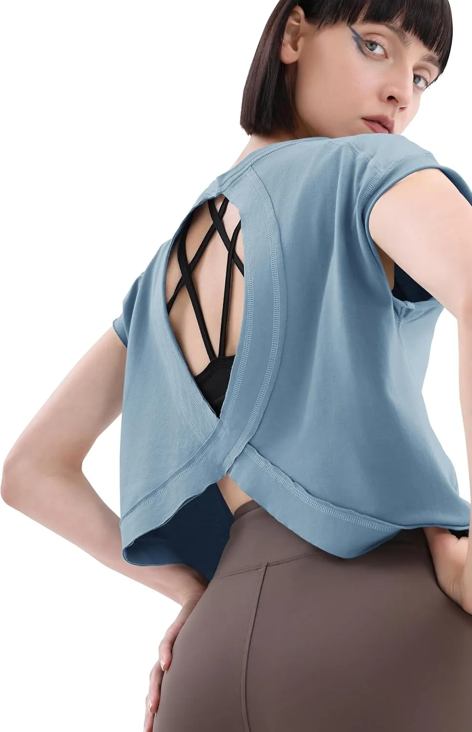 Loovoo Women's Open Back Workout Crop Tops Short Sleeve Yoga Shirts Cute Athletic Running Casual Backless Top Loose Fit