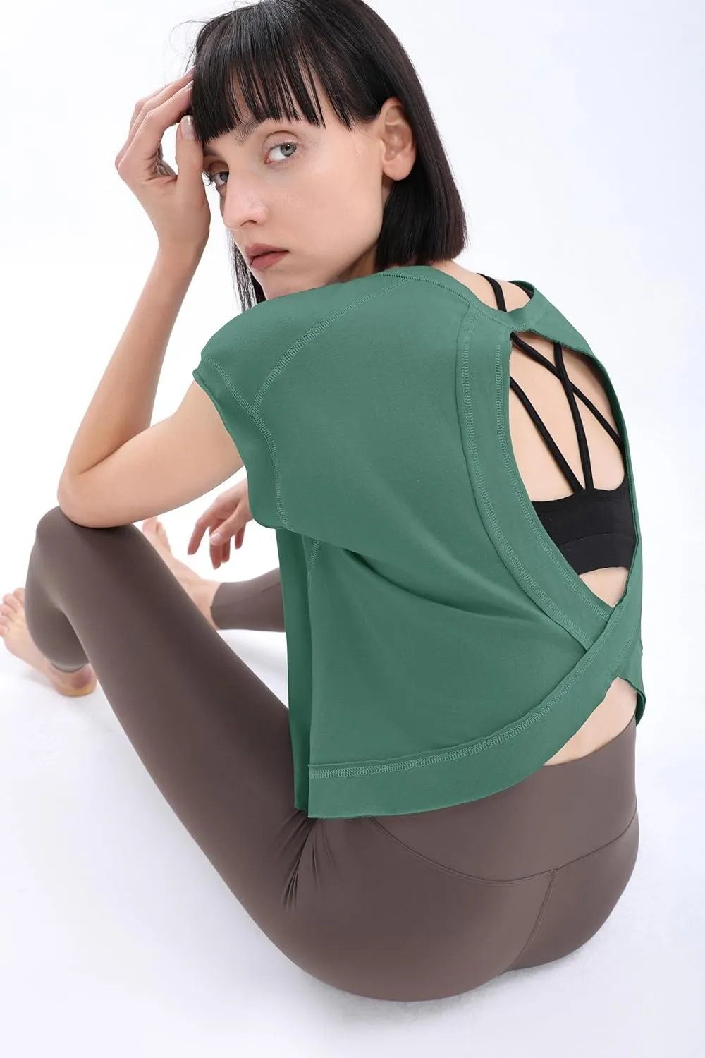 Loovoo Women's Open Back Workout Crop Tops Short Sleeve Yoga Shirts Cute Athletic Running Casual Backless Top Loose Fit