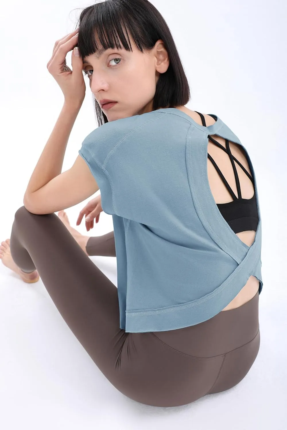 Loovoo Women's Open Back Workout Crop Tops Short Sleeve Yoga Shirts Cute Athletic Running Casual Backless Top Loose Fit