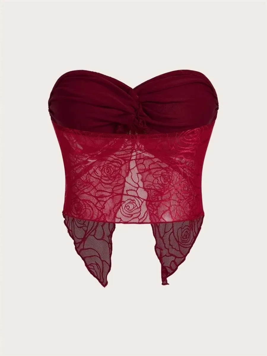 Meladyan Woman Twist Knot Front Split Embroidery Lace Crop Tube Tops Ruched Sheer Mesh Strapless Solid Crop Bandeau Tank Top