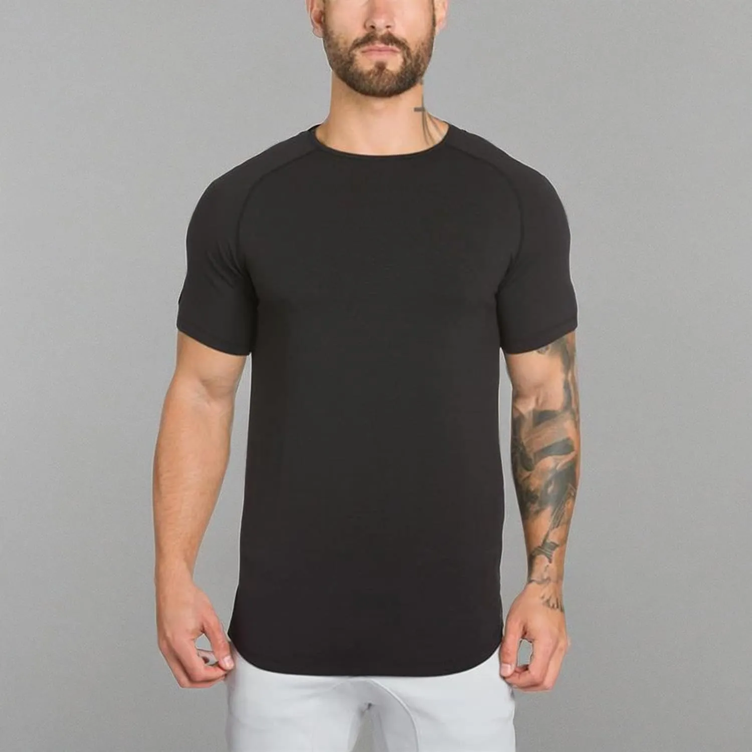 Mens Gym Workout Slim Fit Short Sleeve T-Shirt Cotton Performance Athletic Shirts Running Fitness Tee