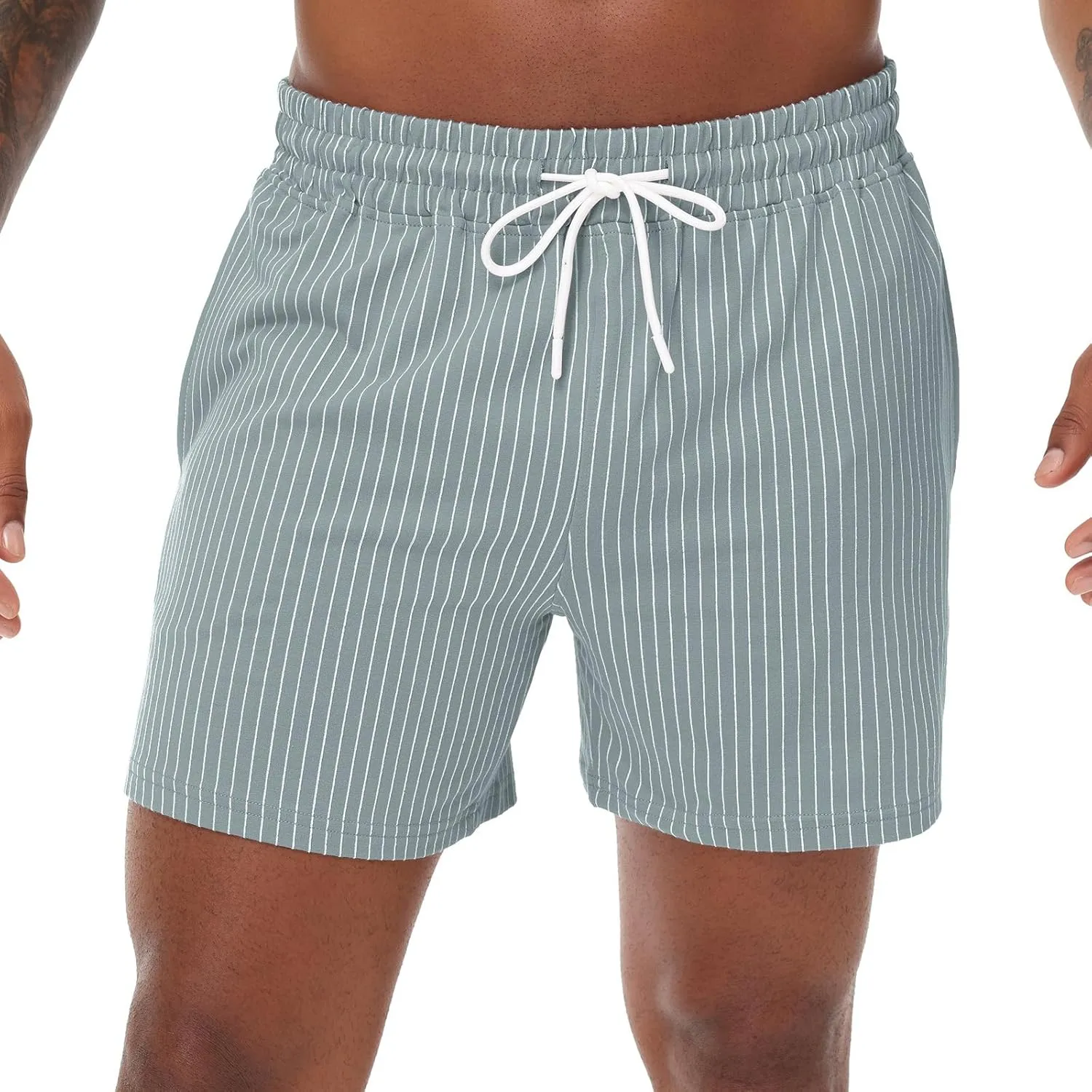 Mens Shorts 5" Casual Summer Stripes Elastic Waist Classic Fit Daily Wear Jogger Workout Cotton Shorts