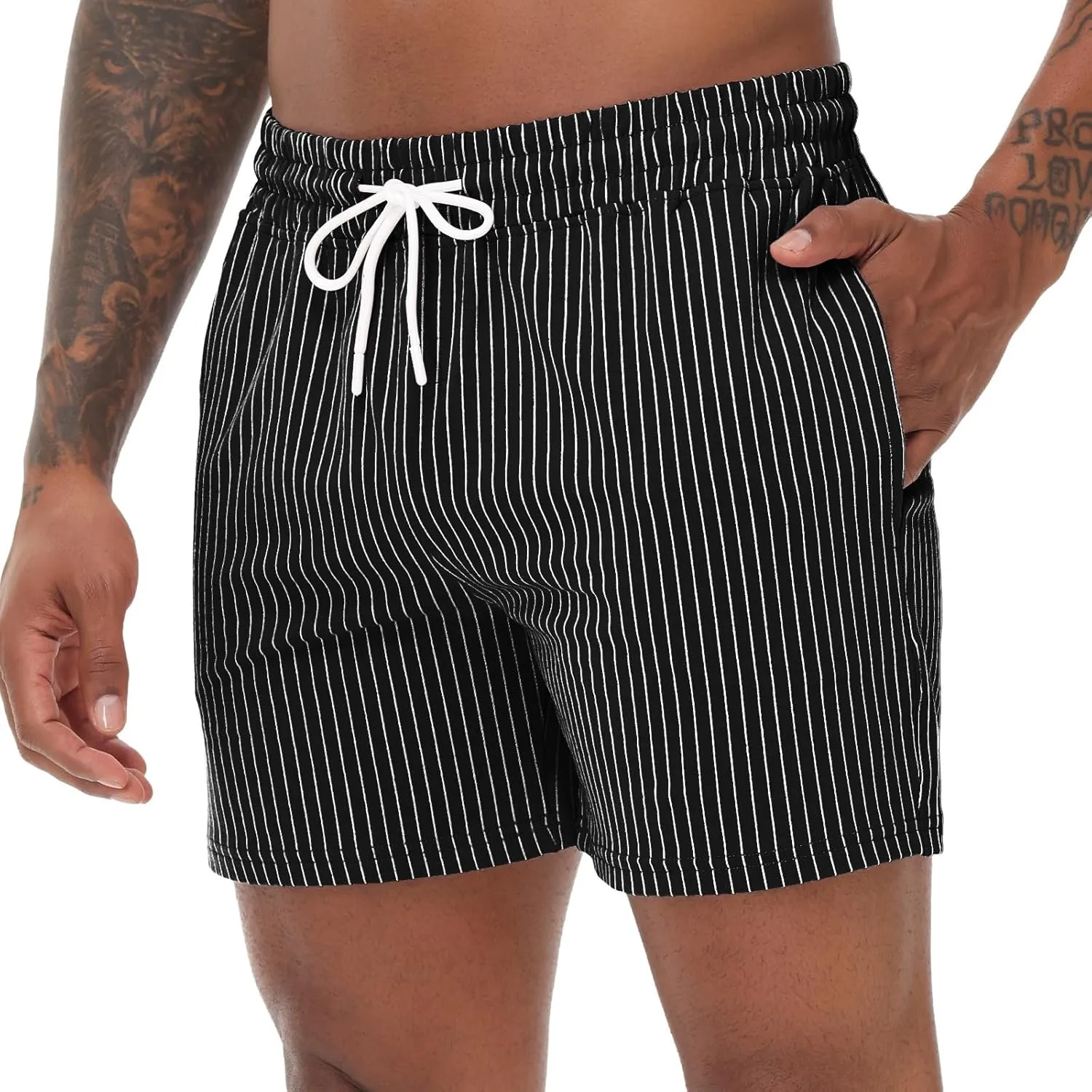 Mens Shorts 5" Casual Summer Stripes Elastic Waist Classic Fit Daily Wear Jogger Workout Cotton Shorts