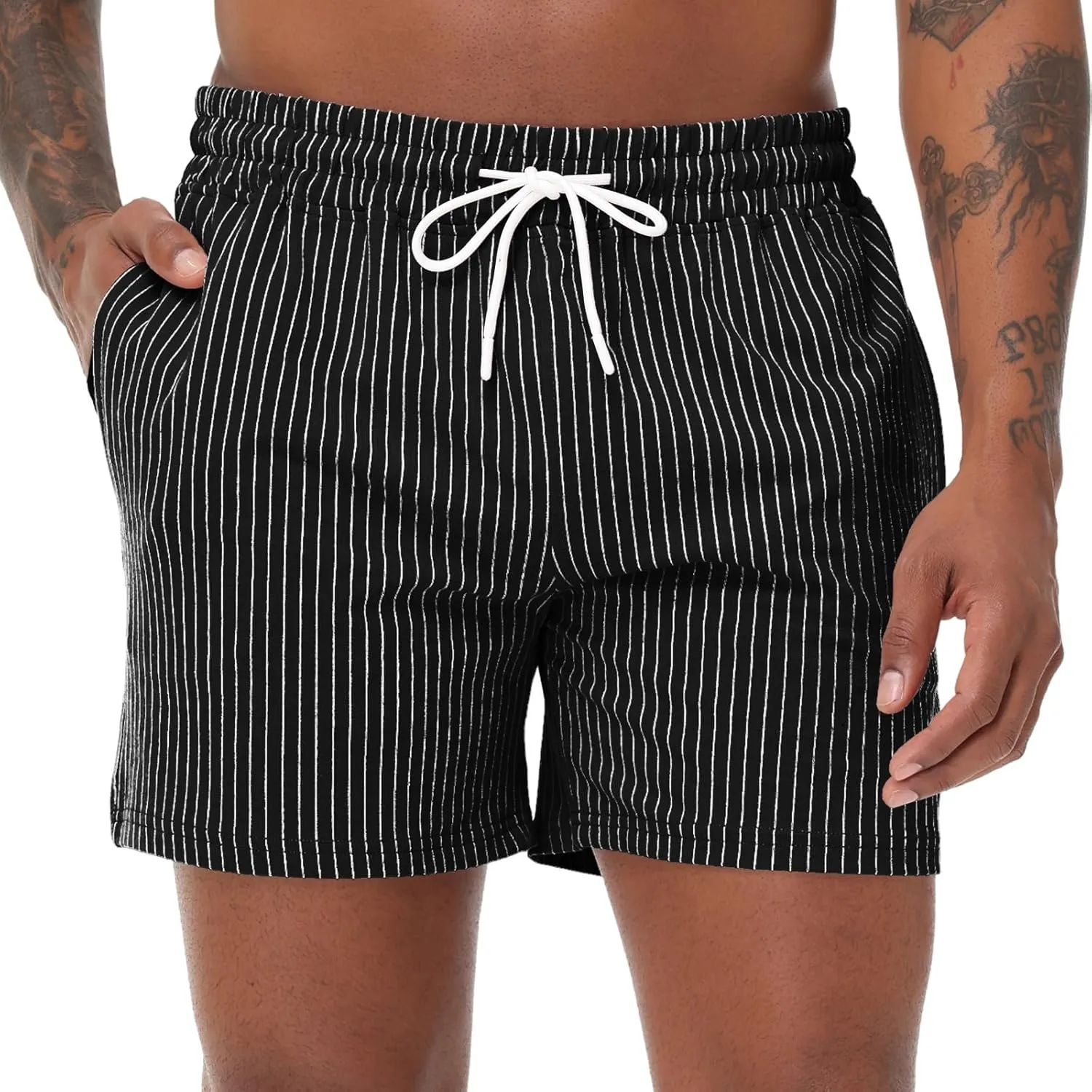 Mens Shorts 5" Casual Summer Stripes Elastic Waist Classic Fit Daily Wear Jogger Workout Cotton Shorts