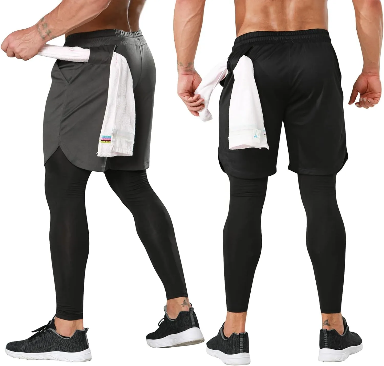 OEBLD Mens 2 in 1 Athletic Running Pants Quick Dry Gym Workout Shorts for Men Compression Pants with Pockets